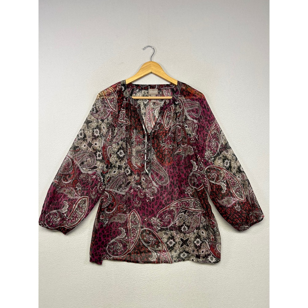 Boho Shimmer Chicos Womens 2 Large Multicolor Paisley Leopard Chiffon Tunic Top